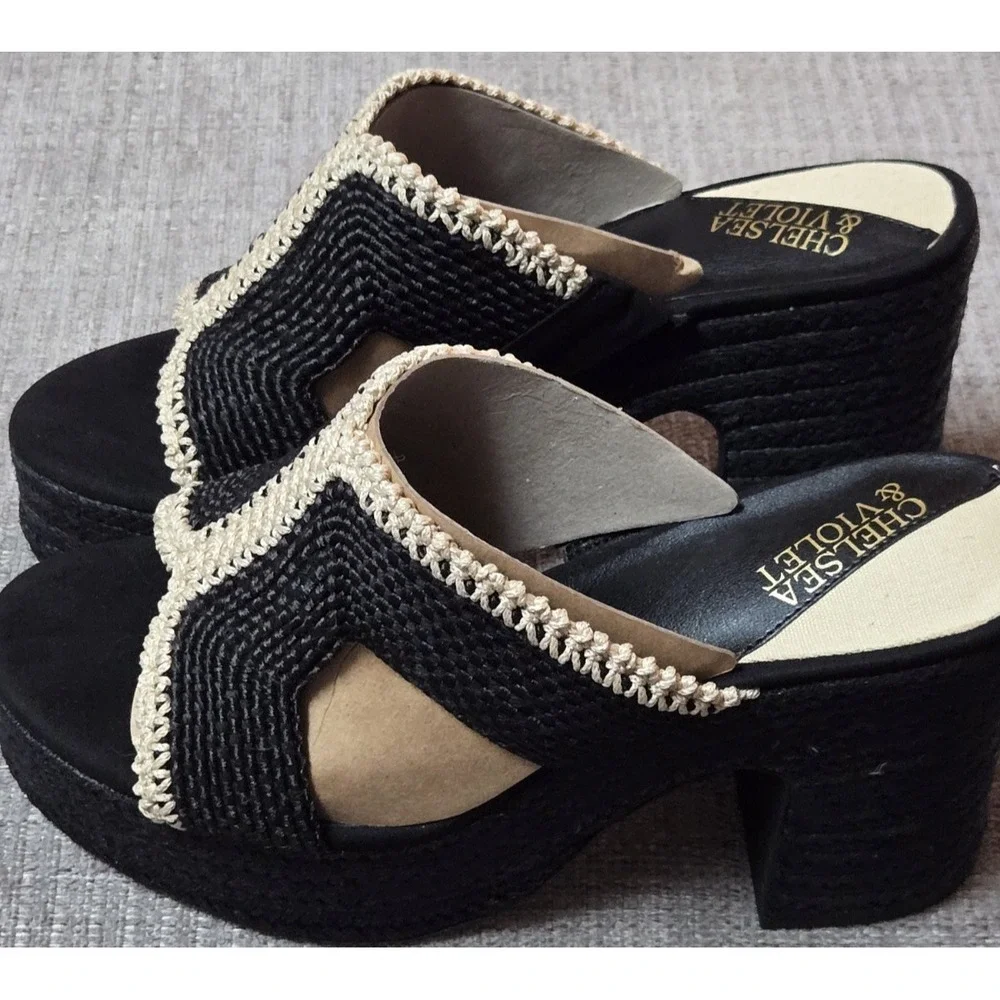 Chelsea & Violet Black Woven Platform Slide Sandals‎ Espadrile Size 9.5